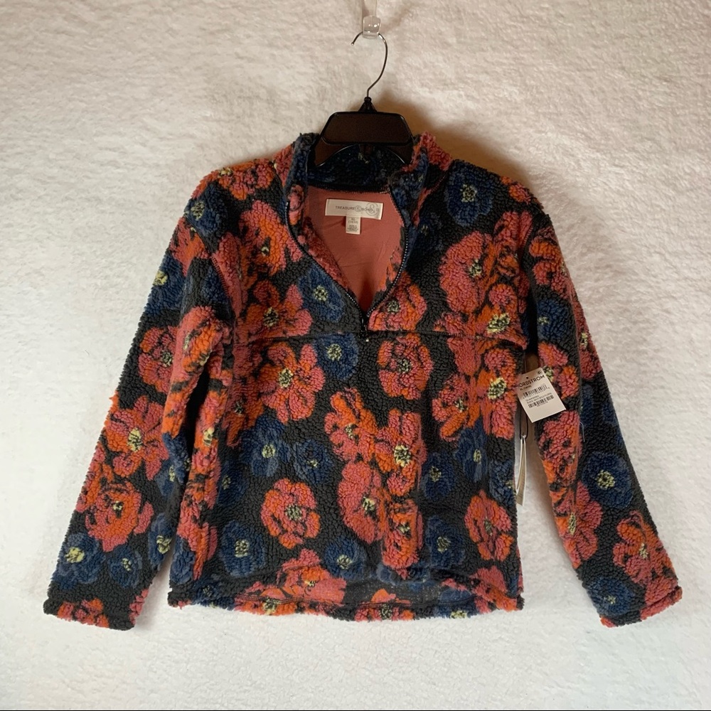 Treasure & Bond Girls XL Fleece Sherpa Floral 3/4 Zip Pull Over Jacket NWT 5152‎